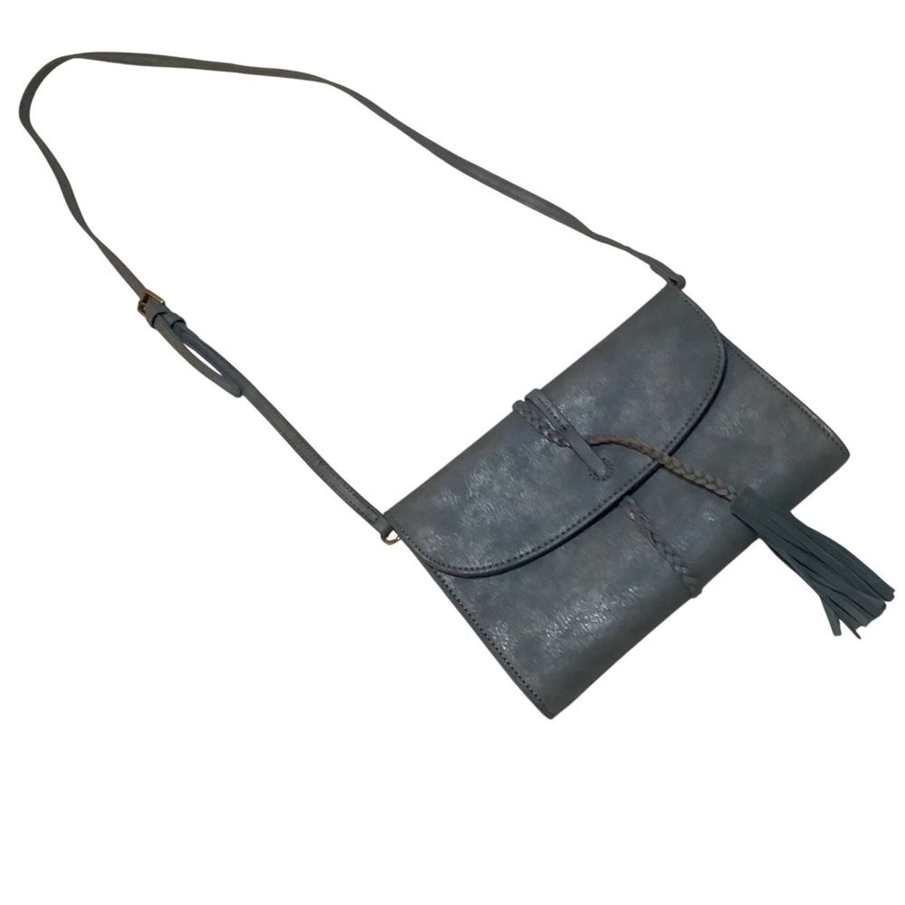 Anthropologie Blue Leather Tassel Crossbody Bag Braided Metallic Small Handbag